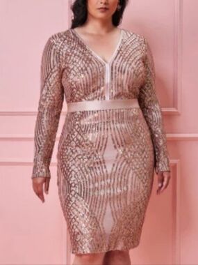 Gold Sequin V-Neck Long Sleeve Dress